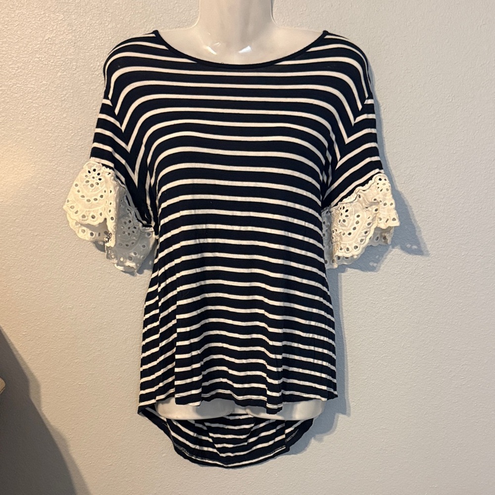Maurices Navy and White Striped Tee with Open Back & Eyelet Sleeves